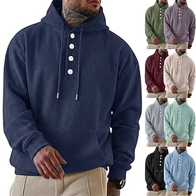 Men's Hoodie Corduroy Pullover Hoodie Sweatshirt Button Up Hoodie Blue Apricot Black Light Green Army Green Hooded Plain Drawstring Casual Daily Sports Outdoo