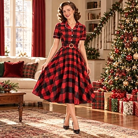 Christmas 1950s Retro Vintage Dress Flare Dress Checkered / Gingham Fancy Dress Women's Christmas New Year Masquerade Party Event / Party Revival Adults' Dress
