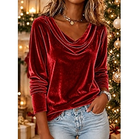 Christmas Women's Velvet Ruched Solid Color Elegant Vacation Vintage Long Sleeve Cowl Neck Regular Tops Casual Daily Streetwear Red Gold Green Spring Fall Wint