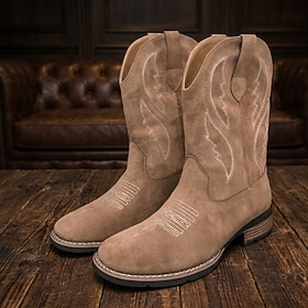 Men's Vintage Western Cowboy Boots Tan Brown Embroidered Mid Calf Pull On Boots Square Toe Low Heel Classic Country Style for Ranch Outdoor Casual Wear Festiv