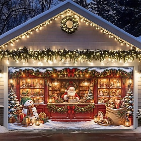 Christmas Garage Door Cover, Festive Christmas Toy Shop Display with Colorful Toys and Holiday Decorations, Outdoor Garage Door Banner for Christmas Home Decor