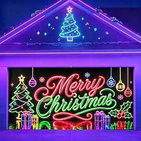Blacklight Christmas Garage Door Cover, UV Reactive Fluorescent Merry Christmas Tree Print Garage Door Banner, Colorful Holiday Greeting Backdrop for Outdoor C
