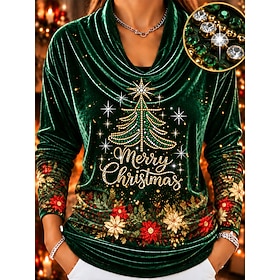 Christmas Women's Sequins Rhinestone Velvet Elegant Tunic Tee Print Ombre Graphic Santa Claus Elegant Vintage Fashion Long Sleeve Turtleneck Cowl Neck High Nec