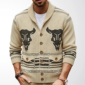 Men's Sweater Cardigan Sweater Ribbed Knit Regular Tops Button Up Knitted Cow Shawl Collar Vintage Neutral Casual Daily Wear Clothing Apparel Fall Winter khak