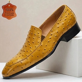 Men's Genuine Leather Yellow Loafers Slip On Dress Shoes Perforated Detail Classic Vintage Luxury Style Business Casual Wedding Party Evening Shoes Elegant Lea