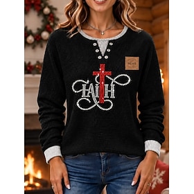Christmas Women's Sequins Rhinestone Waffle T Shirt Vintage Fashion Stylish Long Sleeve Regular Tops Casual Going out Vacation Wear Blue Black Gray Spring Fall