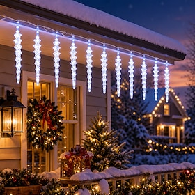 Christmas Icicle Lights Outdoor, 9.8FT 100 LED 10 Drops Hanging Ice Crystal Lights, 4 Lighting Modes, IP44 Waterproof Christmas String Lights for Roof Eaves, P