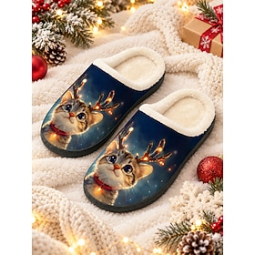 Women's Christmas Cat Slippers – Cute Holiday Plush Lined Indoor House Shoes with Festive Reindeer Light Cat Print, Cozy Warm Slip-On Fuzzy Slippers for Winter