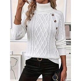Women's Cable Knit Sweater Elegant Soft Cable Turtleneck Patchwork Buttons Textured Raglan Sleeves Long Sleeve Regular Tops Knit Daily Home White Wine Red Fall