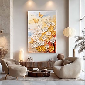 Modern Floral Wall Art Canvas Painting 35.4x47.2 Inch, Unframed White and Gold Textured Oil Painting with Butterflies, Abstract 3D Flower Artwork for Living Ro