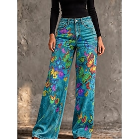 Women's Jeans Wide Leg Chinos Vacation Vintage Basic Full Length High Waist Floral Graphic Comfy Comfort Inelastic Casual Daily Vacation Green Summer Spring Fa