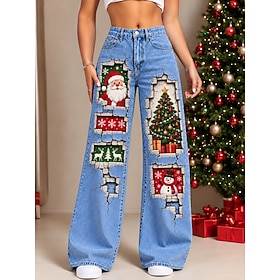 Christmas Women's Jeans Denim Wide Leg Vacation Vintage Basic Full Length High Waist Floral Graphic Comfy Comfort Comfortable Inelastic Casual Daily Vacation B