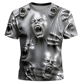 Halloween Men's Human face T Shirt Short Sleeve T shirt 3D Print Crew Neck Shirt Exaggerated Designer Horror Club Party Street Blue Purple Gray Summer Spring A