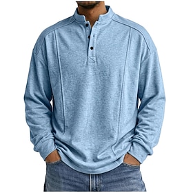 Men's Tee Top Long Sleeve Stand Collar Henley Loose Fit Spring All Seasons Solid Color Daily Casual Street Style Casual Outdoor Street Light Blue Black Gray To