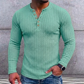 Men's T Shirt Ribbed Knit tee Long Sleeve Henley Fall  Winter Spring Fall Solid Color Jacquard Textured Warm Traditional / Vintage Casual Warm Plain Casual Hom