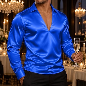 Men's Shirt Satin Shirt Dress Shirt Casual Shirt Button Up Shirt Prom Shirt Plain Party Wedding Blue White Light Blue Black Long Sleeve V Neck All Seasons Clot