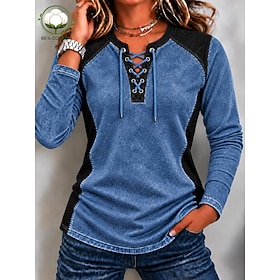 Women's Washed Cotton Denim Shirt Lace up Patchwork Solid Color Bohemia Active Vacation Long Sleeve V Neck Polo Collar Regular Tops Casual Daily Holiday Blue K