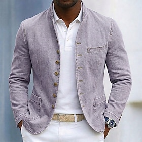 Men's 100% Cotton Washed Denim-look Blazer Casual Streetwear Without Pockets Elegant Casual Fall  Winter Spring 100% Cotton Denim Solid Color Mandarin Stand Co