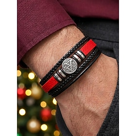 Men's Faux Leather Bracelet, Vintage Compass Engraved Multi Layer Woven Wrap Bracelet with Alloy Metal Accents, Black Red Casual Retro Jewelry Gift for Christm