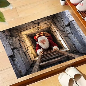 3D Optical Illusion Doormat, 3D Christmas Santa Claus Climbing Ladder Tunnel Mat, Non-Slip Washable Bottomless Hole Rug for Front Door Indoor Outdoor Floor Dec