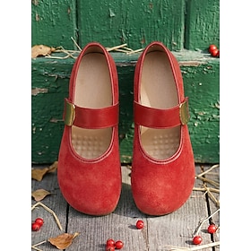 Women's Red Christmas Wide Fit Mary Jane Flats – Holiday Flat Shoes with Magic Tape Strap  Gold Buckle Detail, Wide Width Shoes for Christmas Parties, Holiday