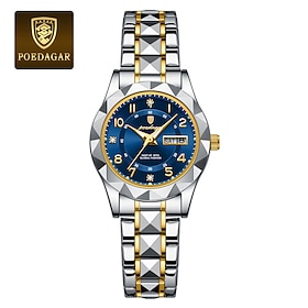 POEDAGAR Women's Quartz Watch, Two Tone Stainless Steel Bracelet, Blue Dial, 3ATM Waterproof, Luminous Classic Business Dress Wristwatch for Women, Elegant Eve