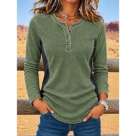 Women's Denim Blouse Demin Shirt Patchwork Buttons Color Block Plain Vintage Stylish Casual Long Sleeve Regular Tops Casual Work Holiday Khaki Green Spring Fal