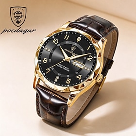 PODEAGAR Men's Quartz Watch, Luxury Round Dial Analog Wristwatch with Leather Strap, Luminous Hands, 30M Water Resistant, Classic Minimalist Business Dress Wat