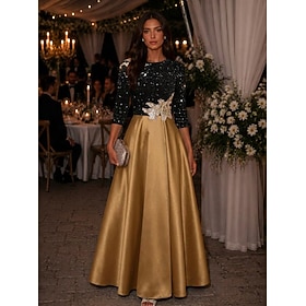 A-Linie Bodenlang Abendkleid Festliche Kleidung Elegant Glitzernd Roter Teppich Dreiviertelarm Rundhalsausschnitt Hochzeit Formell Satin Paillettenbesetzt mit