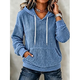 Women's Corduroy Tops Pullover Hoodie Sweatshirt Pocket Plain Warm Active Vintage Long Sleeve Hooded Regular Tops Casual Home Street Blue Fall Winter