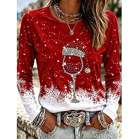 Christmas Women's T Shirt Print Rhinestone Snowflake Wine Glass Stylish Classic Casual Long Sleeve Crew Neck Regular Tops Casual Daily Blue Black Red Green Spr