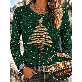 Christmas Women's 100% Cotton Cotton Shirt Rhinestone Floral Graphic Plants Vintage Stylish Classic Long Sleeve Crew Neck Round Neck Regular Tops Casual Blue B