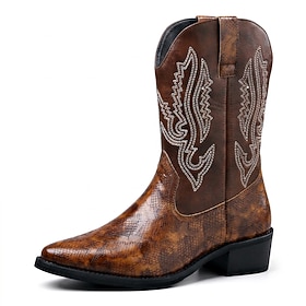 Men's Classic Western Cowboy Mid Calf Boots Brown Distressed Embroidered Pull On Pointed Toe Block Heel Vintage Country Dress Boots for Weddings Parties  Music