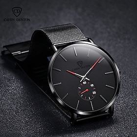 CAVEN DENTON Men's Minimalist Quartz Watch, Black Stainless Steel Mesh Band, Ultra-Thin Analog Wristwatch, Modern Classic Dress Watch for Business and Everyday
