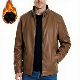 Men's Faux Leather Jacket Winter Jacket Fleece Jacket Casual Jacket Daily Outdoor Thermal Warm Pocket Fall Winter Plain Streetwear Stylish Stand Collar Regular