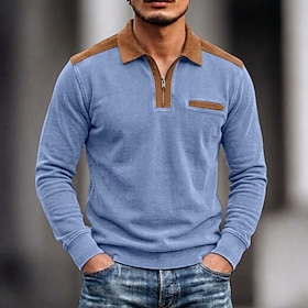 SoftFade Men's 100% Cotton Acid Wash Polo Casual Vacation Turndown Long Sleeve Fashion Leisure Solid Color Plain Zip Up Splice Fall Winter All Seasons Regular