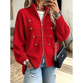 Women's Waffle Sweatshirts Textured Pullover Sweatshirt Zip Up Sweatshirts Zip Up Patchwork Buttons Plain Casual Long Sleeve V Neck Long Tops Casual Home Sport