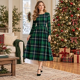 Christmas 1950s Retro Vintage Midi Flare Dress Long Sleeves Grid / Plaid Fit  Flare Round Neck Fancy Dress Women's Christmas New Year Party Casual Daily Adults