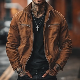 Men's Bomber Jacket Corduroy Jacket Casual Jacket Casual Daily Windproof Pocket Classic Fall Winter Plain Vintage Streetwear Standing Collar Regular Black Oran