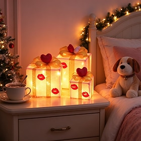 Set of 3 Foldable Lighted Christmas Gift Boxes, LED Light Up Decorative Boxes, Holiday Ornament Props for Christmas, Birthday Party Indoor Decor Powered by ba