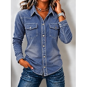 Women's Denim Blouse Denim Shirt Henley Shirt Graphic Plain Vintage Fashion Stylish Long Sleeve Regular Tops Casual Beach Blue Black Red Green Spring Fall Wint