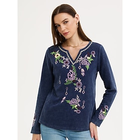 Women's Waffle T-shirt Washed Cotton Cotton Shirt Embroidered Floral Geometric Butterfly Elegant Fashion Trendy Long Sleeve V Neck Regular Tops Casual Daily Go