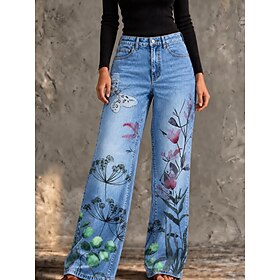 Women's Jeans Denim Cotton Blend Wide Leg Vacation Vintage Basic Full Length High Waist Floral Graphic Print Comfy Comfort Comfortable Inelastic Casual Daily D