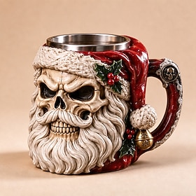 3D Santa Claus Skull Mug, Gothic Christmas Coffee Cup with Sculpted Skeleton Face, Red Santa Hat, Holly Berries and Skull Handle, Stainless Steel Interior Nove