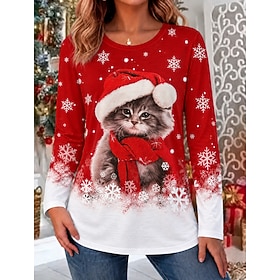 Christmas Women's Blouse Animal Cat Santa Claus Fashion Stylish Classic Long Sleeve Crew Neck Regular Tops Casual Daily Party Evening Wear Red Spring Fall Wint