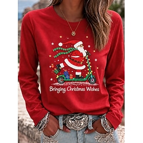Christmas Women's T Shirt Print Graphic Santa Claus Vintage Fashion Stylish Long Sleeve Crew Neck Regular Tops Casual Daily Weekend Blue Black Red Green Spring