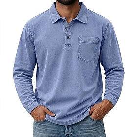 SoftFade™ Men's 100% Cotton Acid Wash Polo Casual Vacation Turndown Long Sleeve Fashion Leisure Solid Color Plain Buttons Fall Winter All Seasons Regular Navy