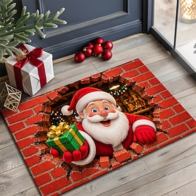 3D Optical Illusion Doormat, 3D Christmas Santa Claus Holding Gift Box Door Mat, Non-Slip Washable Red Brick Illusion Welcome Rug for Front Door Entryway Decor