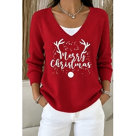 Christmas Women's Sweater Fashion Daily Casual Graphic Christmas Tree Reindeer Ribbed V Neck Buttons Print Long Sleeve Regular Tops Knit Daily Outdoor Date Blu