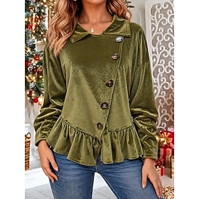 Christmas Women's Christmas Party Velvet Blouse Ruffle Buttons Solid Color Elegant Party Retro Vintage Long Sleeve Lapel Regular Tops Casual Party Black Wine N